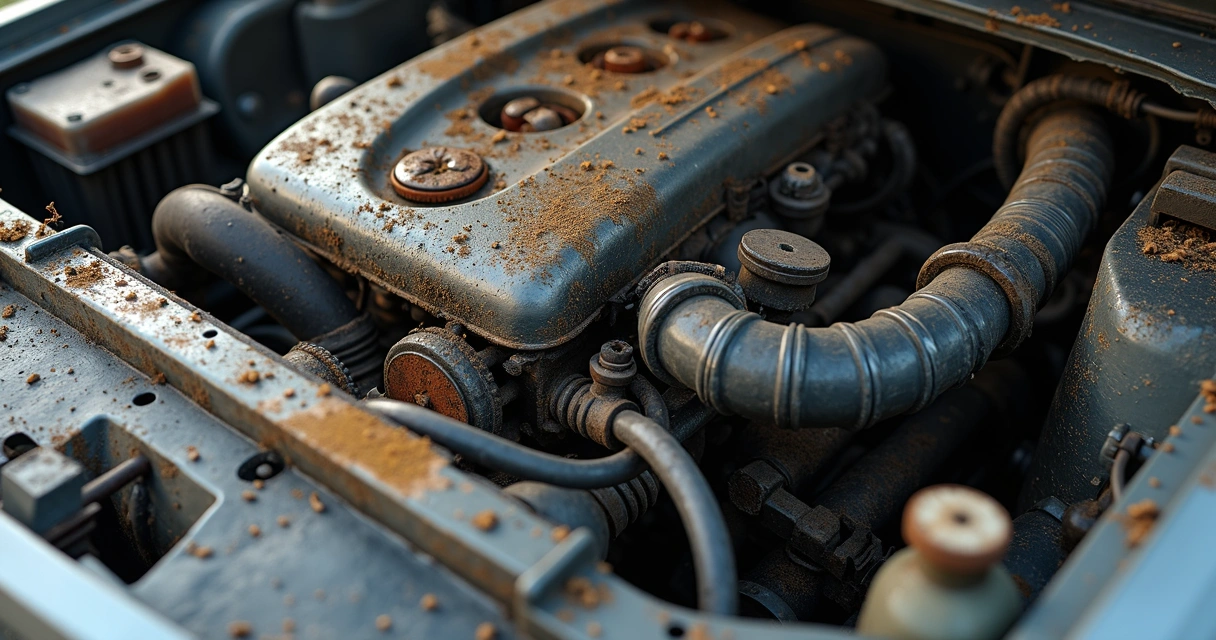 Detalhe do motor de carro com acúmulo de sujeira, poeira e óleo