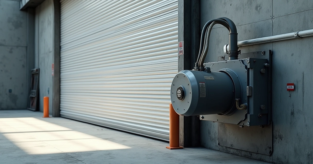 Motor trifásico instalado em uma porta de enrolar industrial