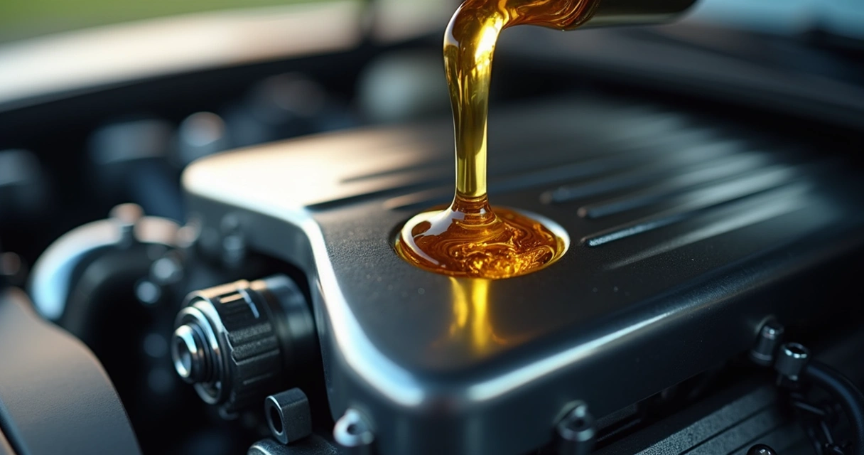 Motor de veículo limpo e detalhado, em close-up, destacando peças metálicas brilhantes e óleo claro na vareta de medição. 