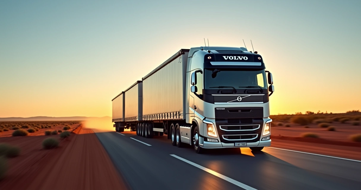 Caminhão Volvo FM puxando combinação longa em rodovia árida ao pôr do sol 