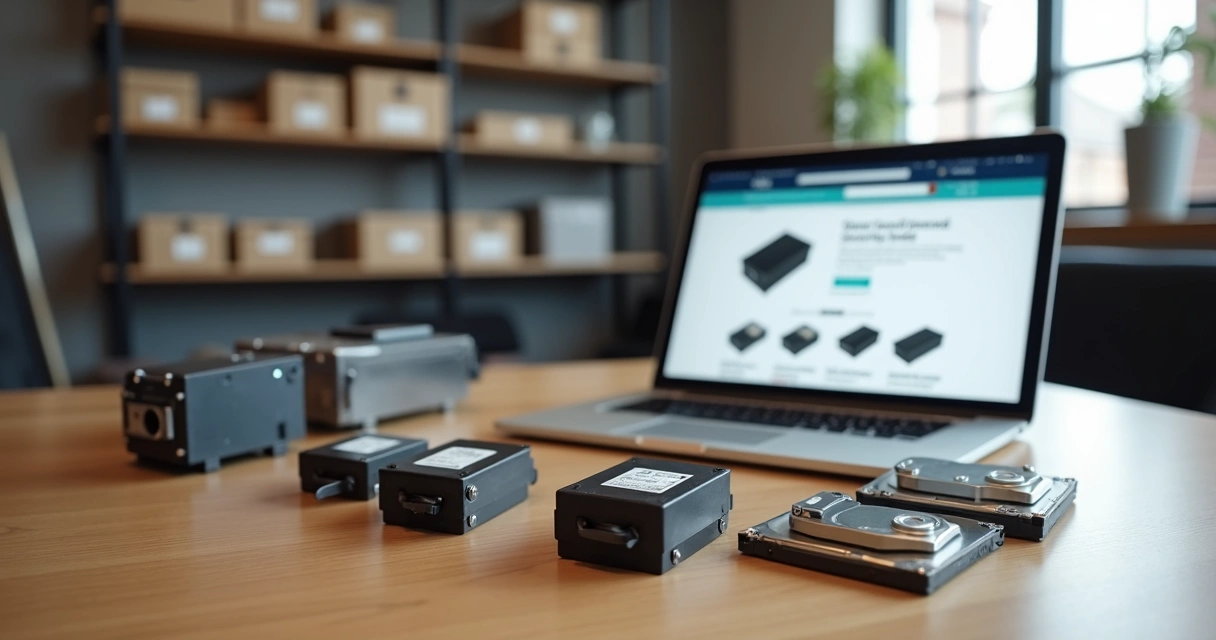 Motores de portão e HDs de segurança eletrônica sobre bancada com notebook mostrando loja online 