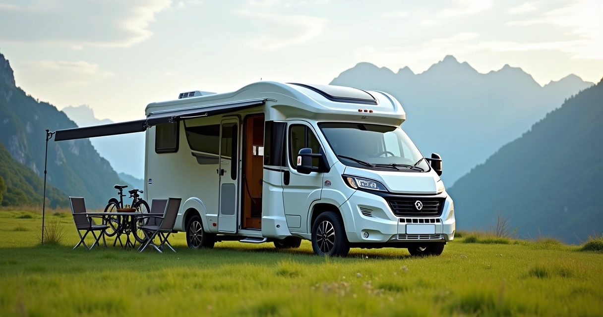 Motorhome moderno estacionado em paisagem natural verde 