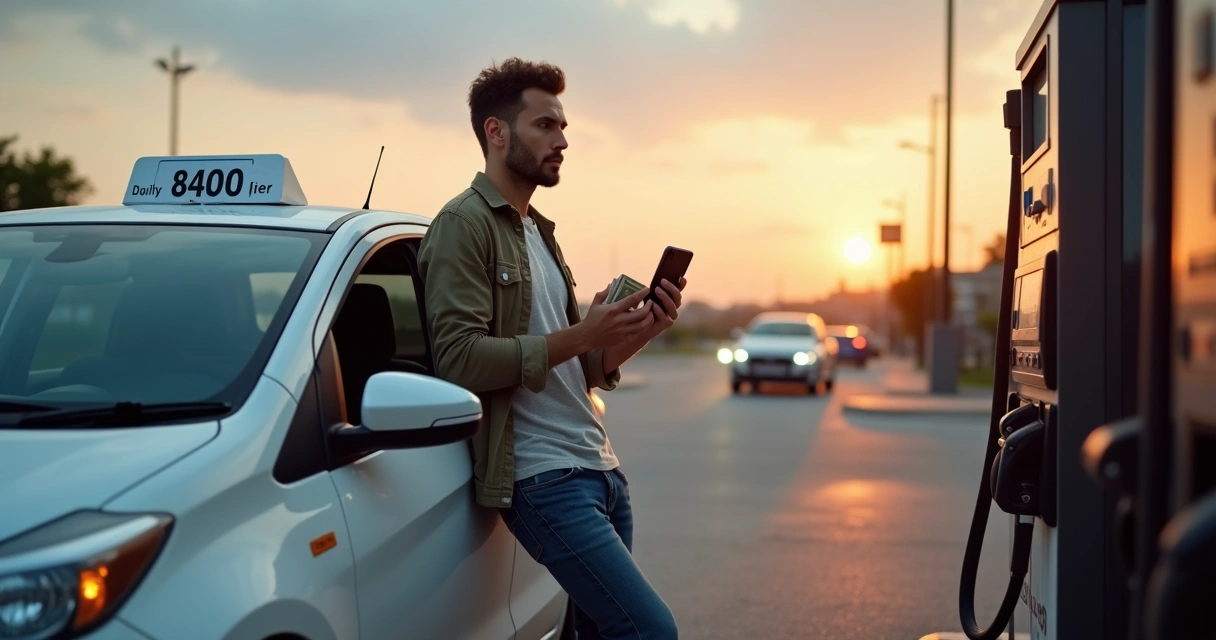 Motorista de aplicativo encostado no carro analisando ganhos do dia 