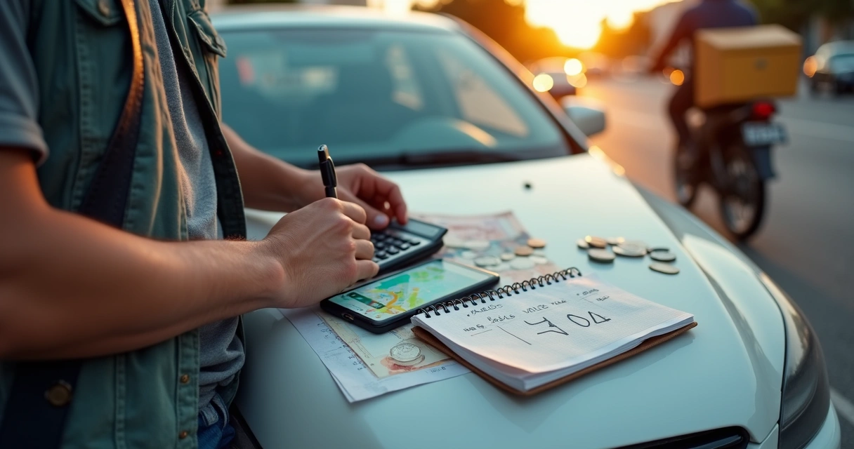 Motorista de aplicativo anotando custos da corrida em um caderno no capô do carro 