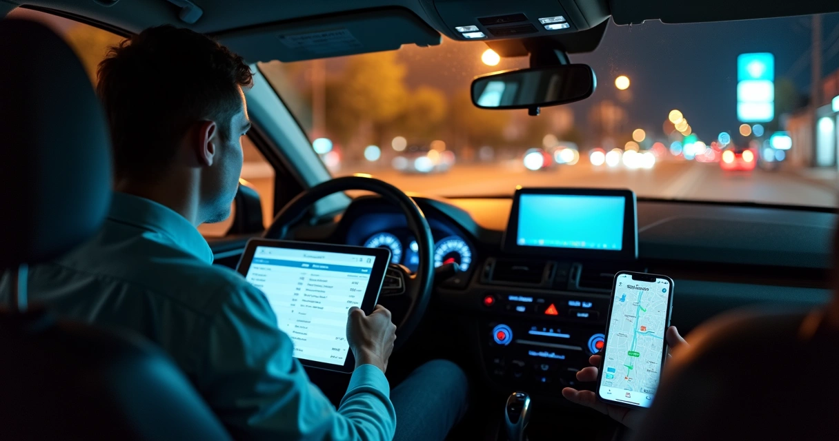 Motorista de app dentro do carro analisando planilha financeira no tablet 