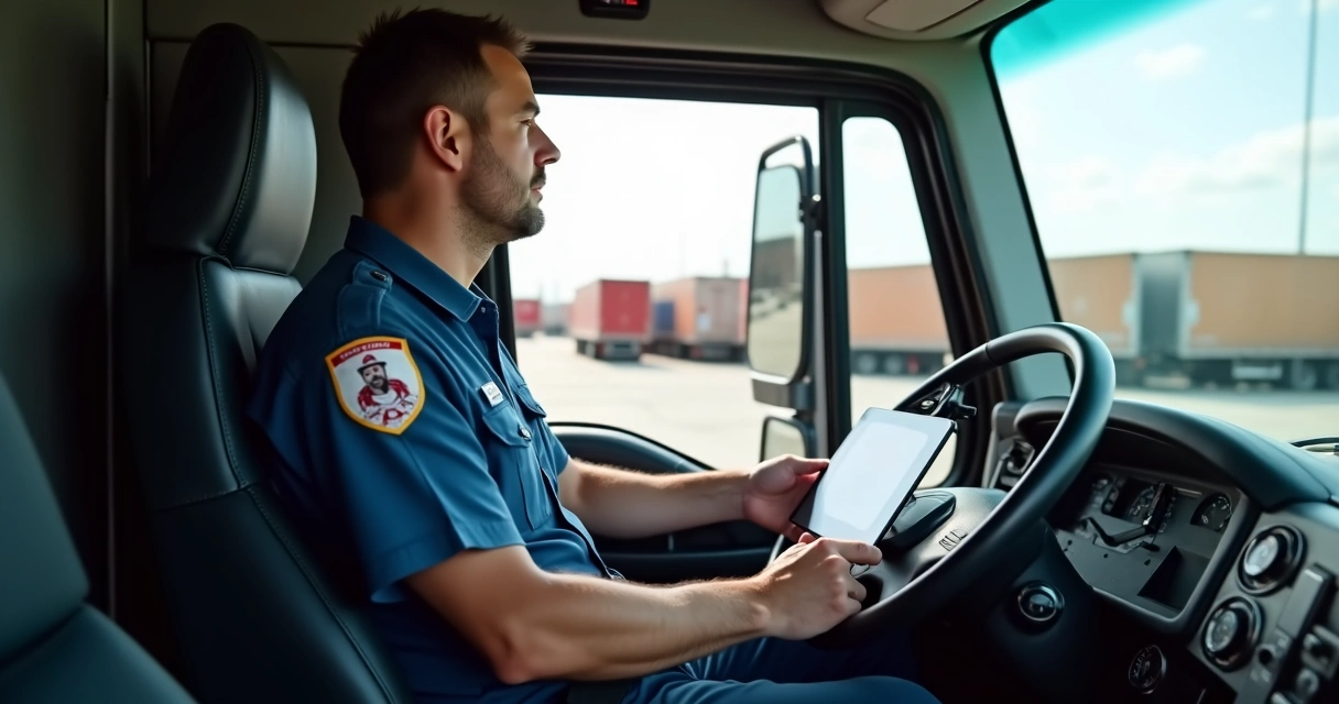 Motorista de caminhão assistindo treinamento NR em tablet 