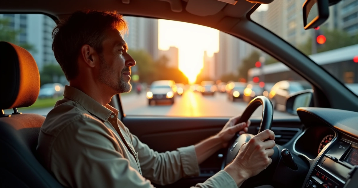 Motorista mantém atenção plena enquanto dirige em avenida urbana movimentada ao entardecer 