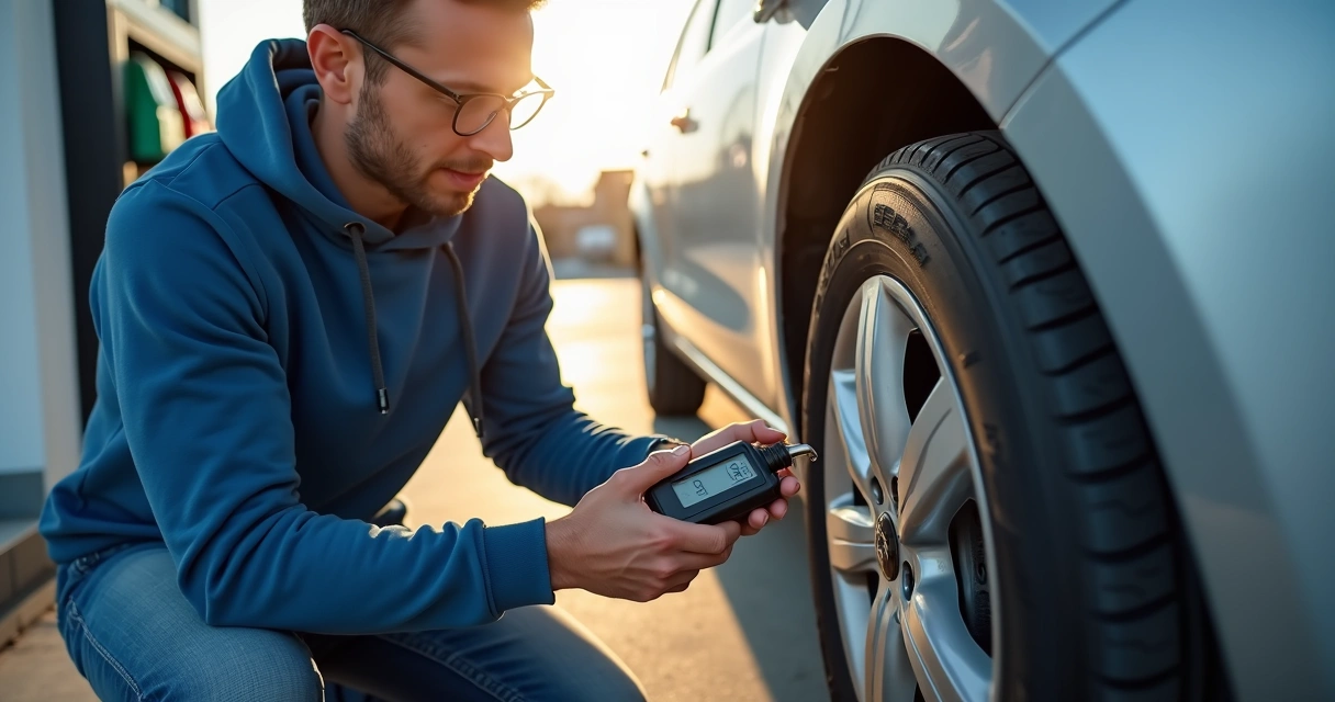 Homem calibrando pneu do carro em posto de combustíveis 