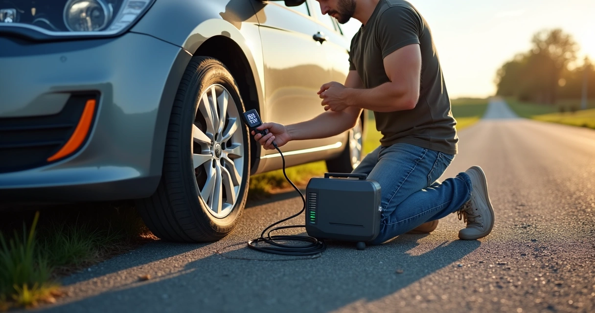 Motorista agachado calibrando pneu com calibrador digital portátil em estrada ensolarada 
