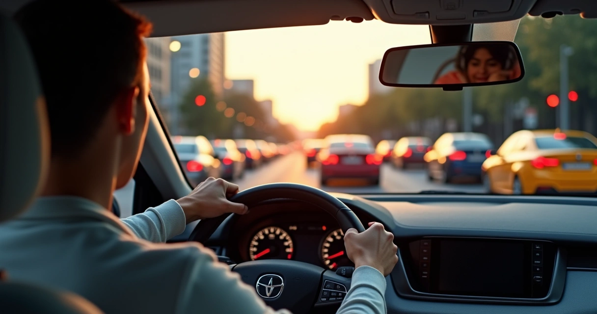 Motorista mantém a calma ao dirigir em trânsito intenso ao pôr do sol 