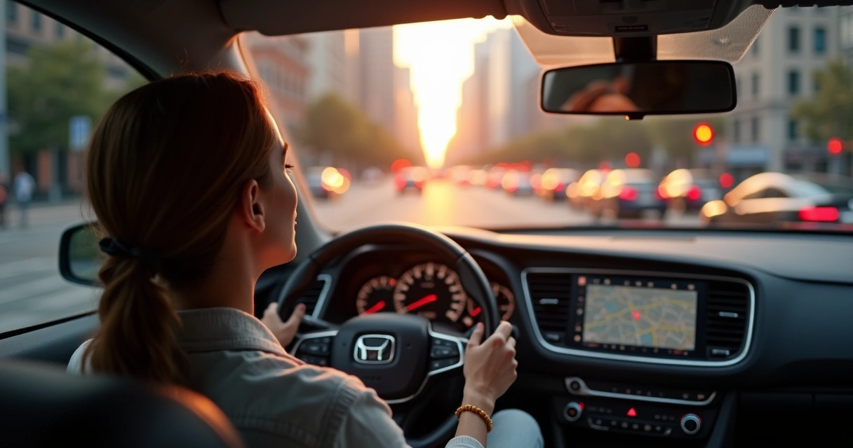 Motorista sentado no carro respirando fundo em meio ao trânsito da cidade ao entardecer 
