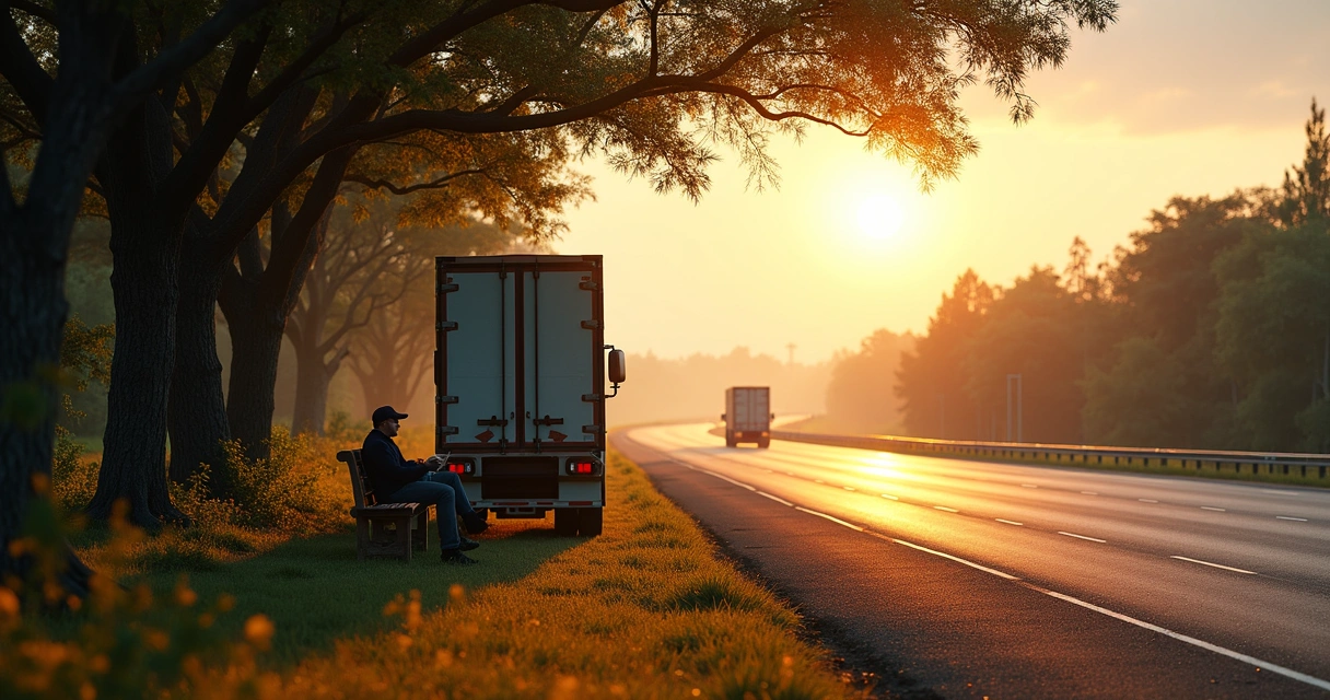 Motorista de caminhão descansando em área dedicada ao lado da rodovia 