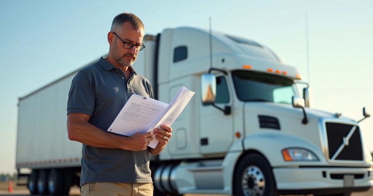 Homem organizando documentos ao lado de caminhão. 