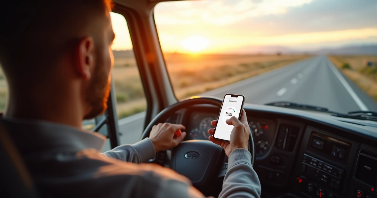 Motorista de caminhão usando aplicativo para registrar ponto na estrada 