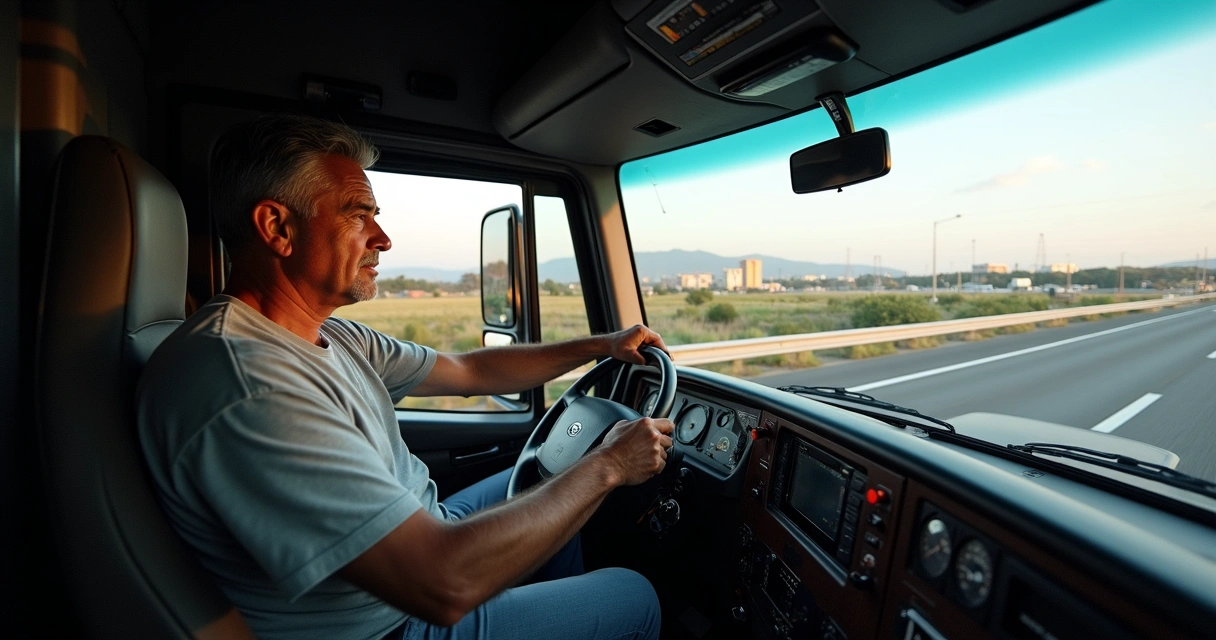 Motorista de caminhão dirigindo em rodovia com paisagem urbana e rural ao fundo 