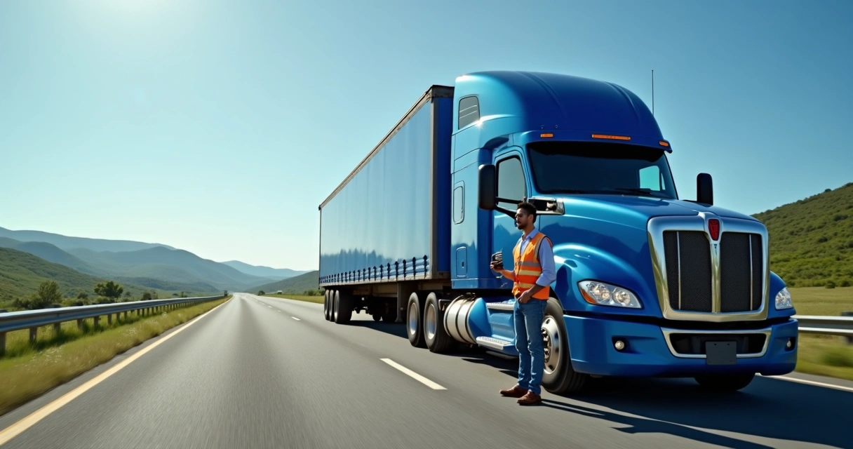 Motorista ao lado de carreta azul em paisagem de estrada 