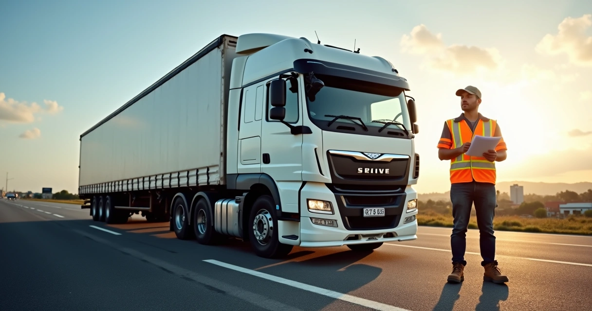 Motorista carreteiro ao lado de carreta pesada em rodovia próxima a Araraquara 