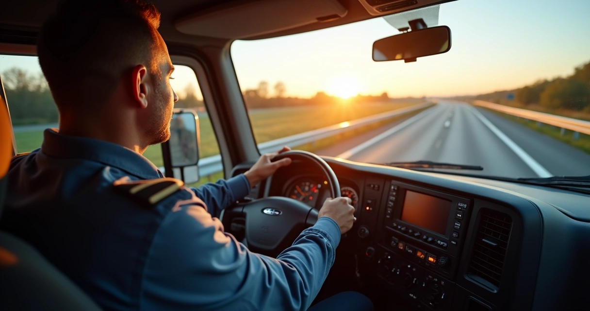Motorista de carreta conduzindo caminhão em estrada larga ao amanhecer 