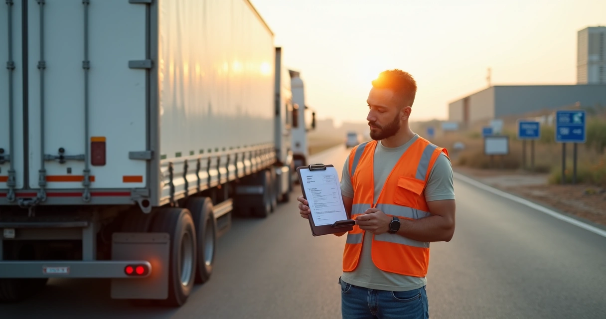 Motorista carreteiro preenchendo currículo em capô de caminhão carregado 