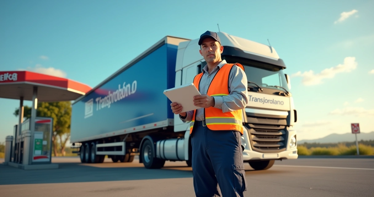 Motorista carreteiro da Transjordano ao lado da carreta em posto estrada ensolarado 