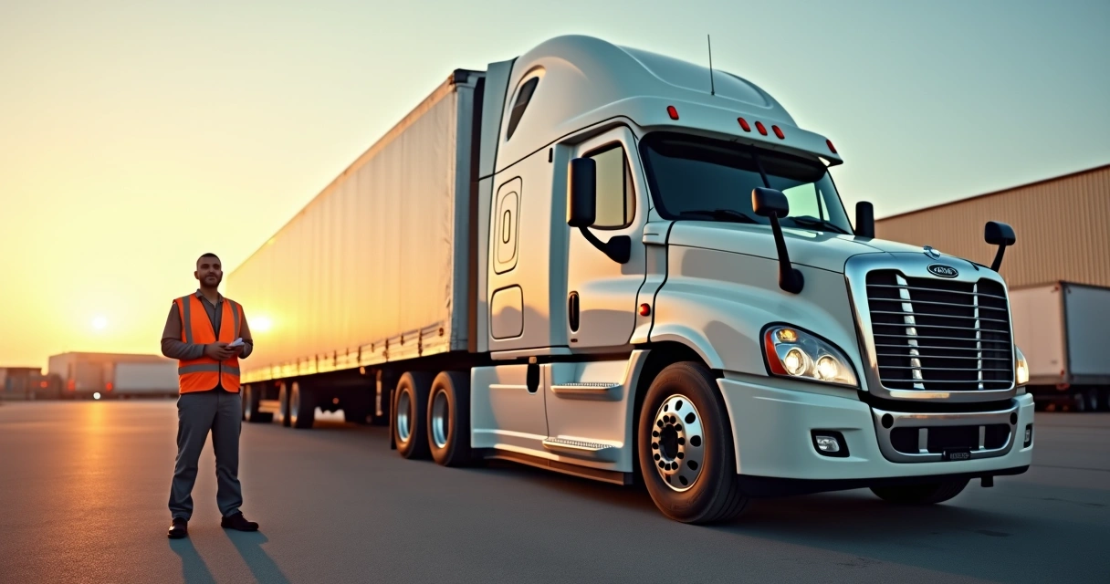 Motorista carreteiro ao lado de caminhão com carreta em pátio de transporte 