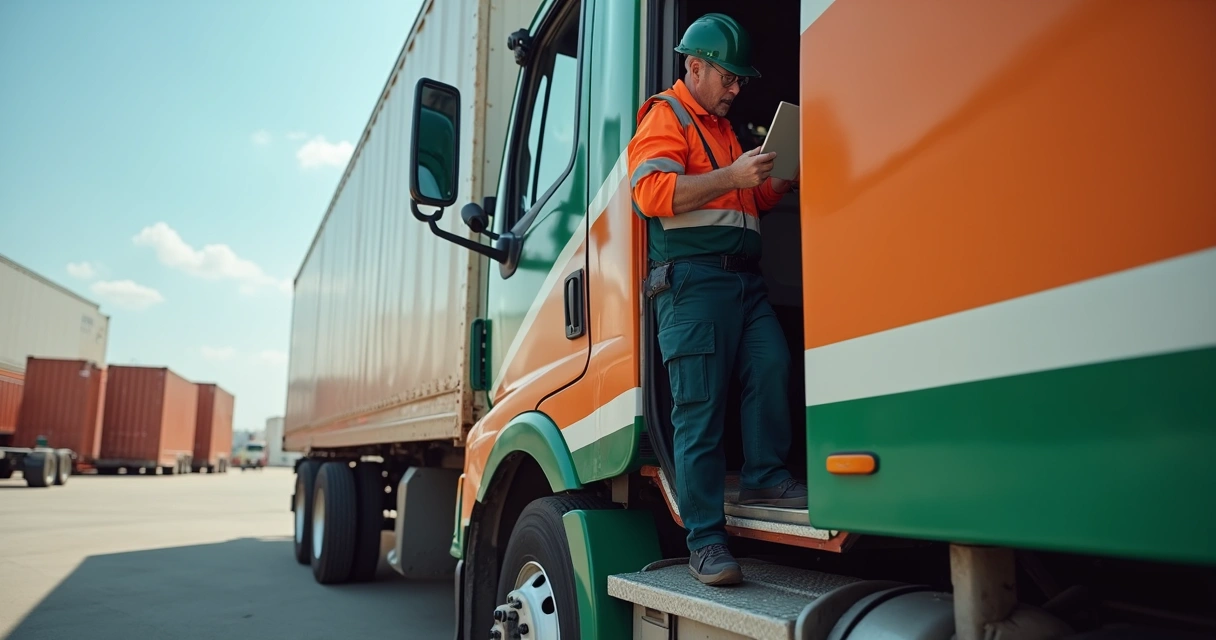 Motorista carreteiro subindo na cabine do caminhão 