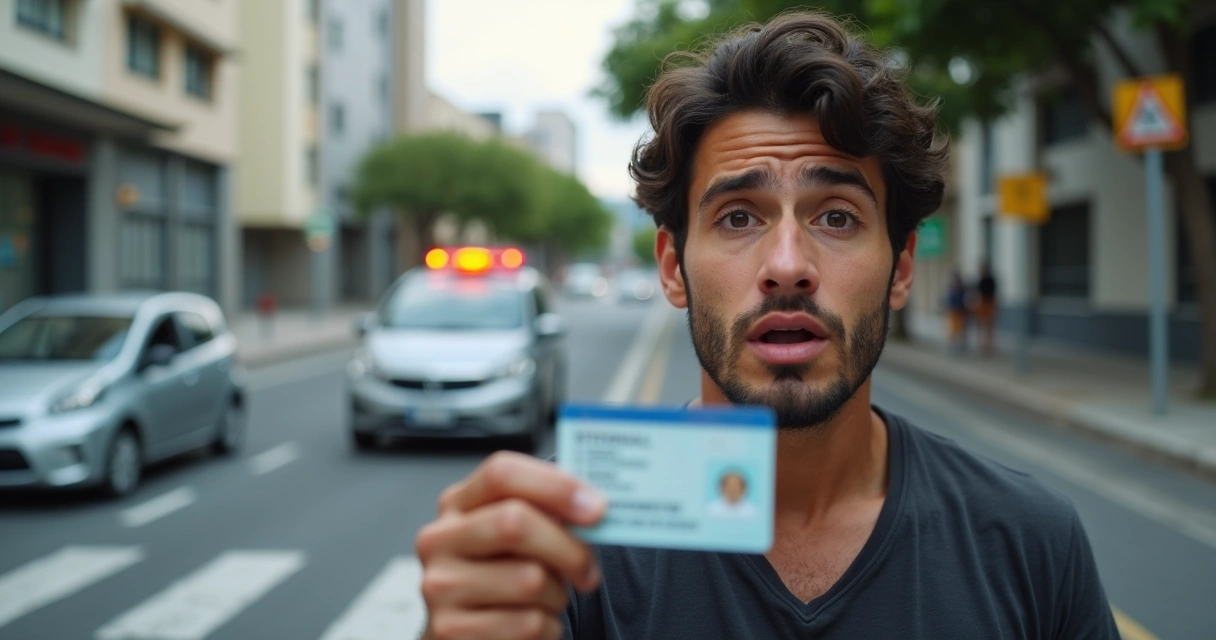 Motorista preocupado segurando carteira de habilitação com carro parado ao fundo 