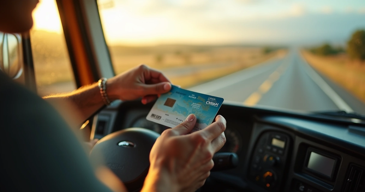 Motorista segura CNH ao volante interno de caminhão