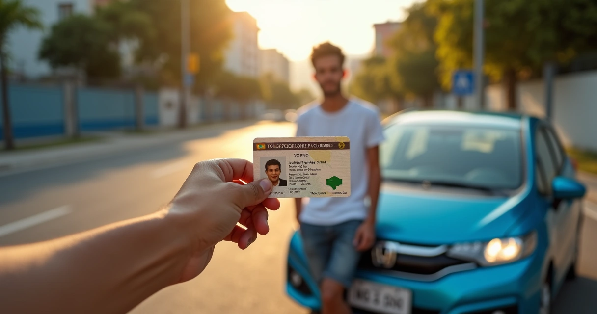 Motorista jovem segurando CNH provisória ao lado do carro 