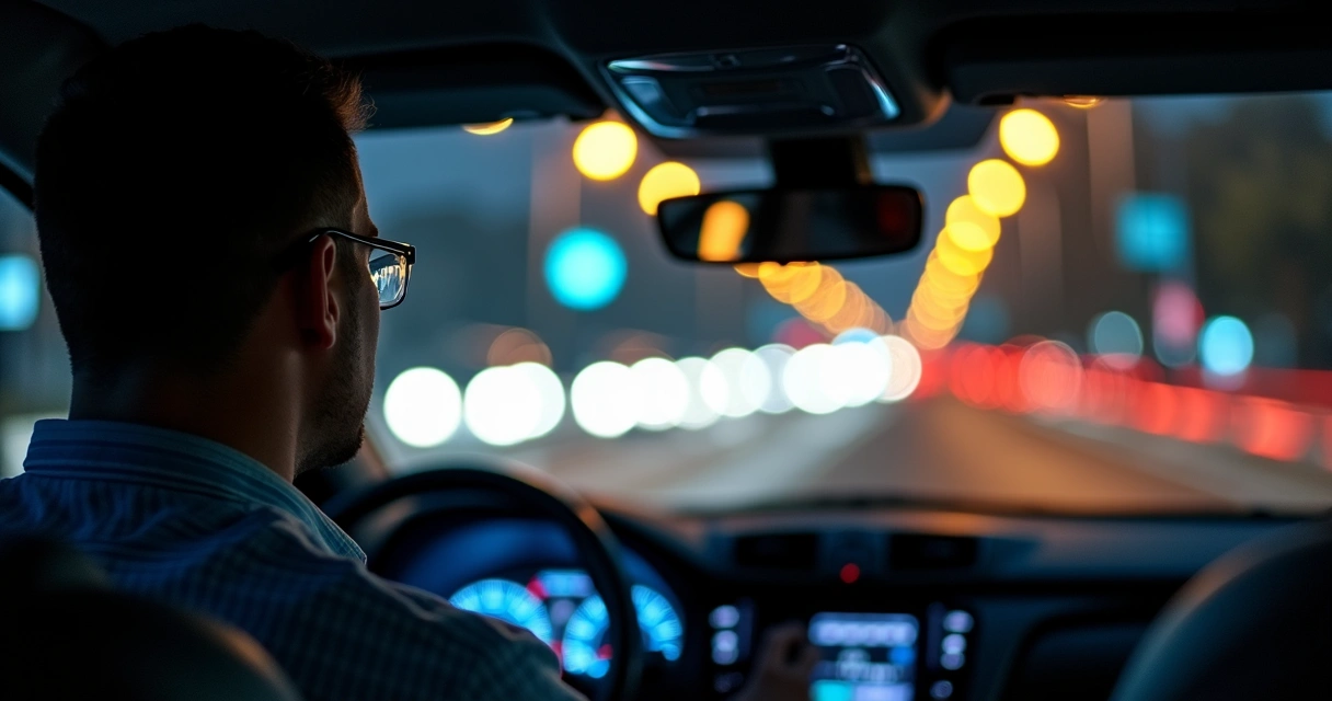 Motorista usando óculos ao dirigir em avenida urbana à noite 