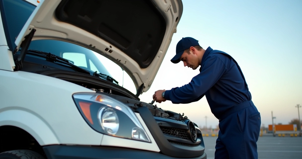 Motorista conferindo o motor aberto de caminhão branco estacionado 