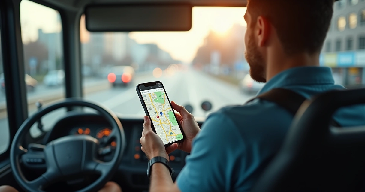 Motorista de transporte coletivo verificando itinerário otimizado em um aplicativo 
