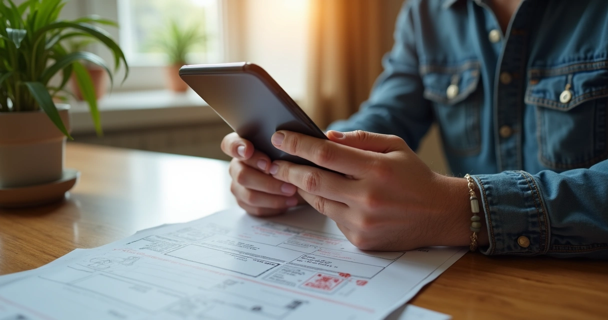 Motorista consultando notificação de multa no celular em ambiente de casa 