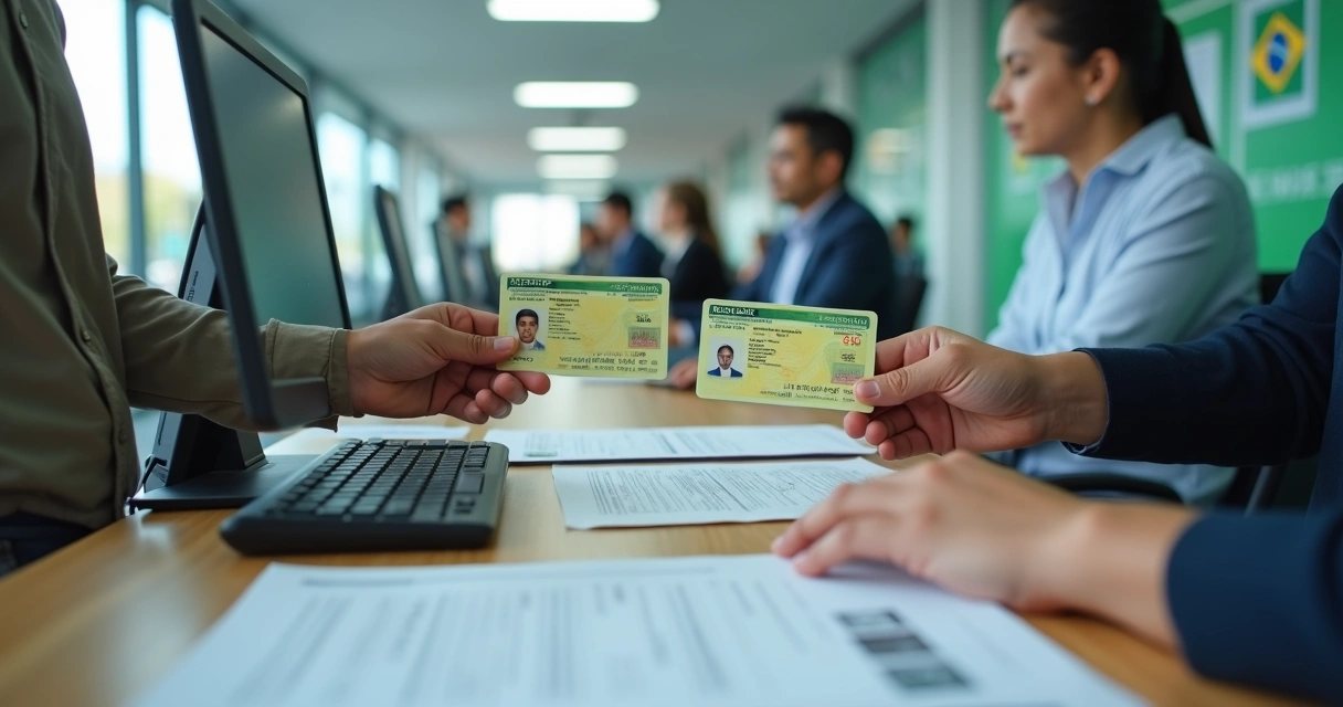 Motorista mostrando carteira de habilitação estrangeira e brasileira lado a lado em balcão de atendimento do Detran 