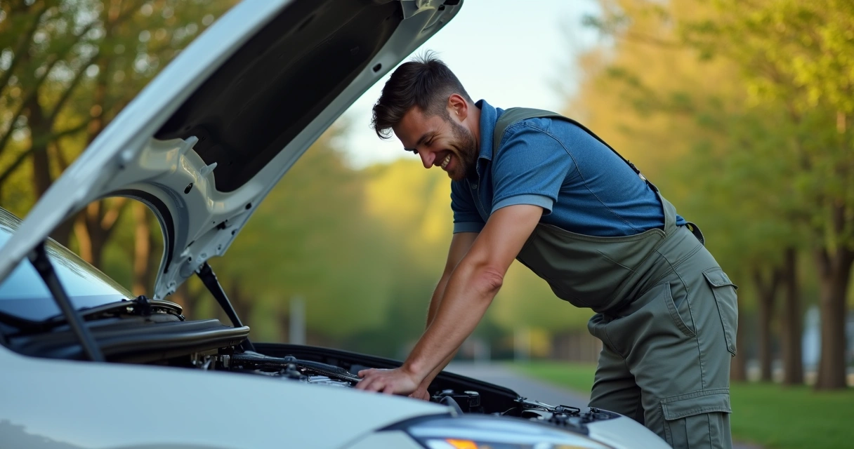 Motorista sorrindo ao cuidar do próprio carro 