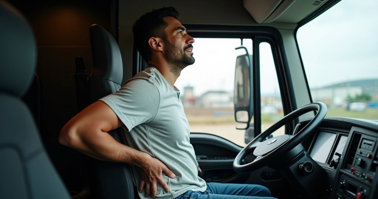 Motorista de caminhão ajustando o banco e sentindo dor lombar 