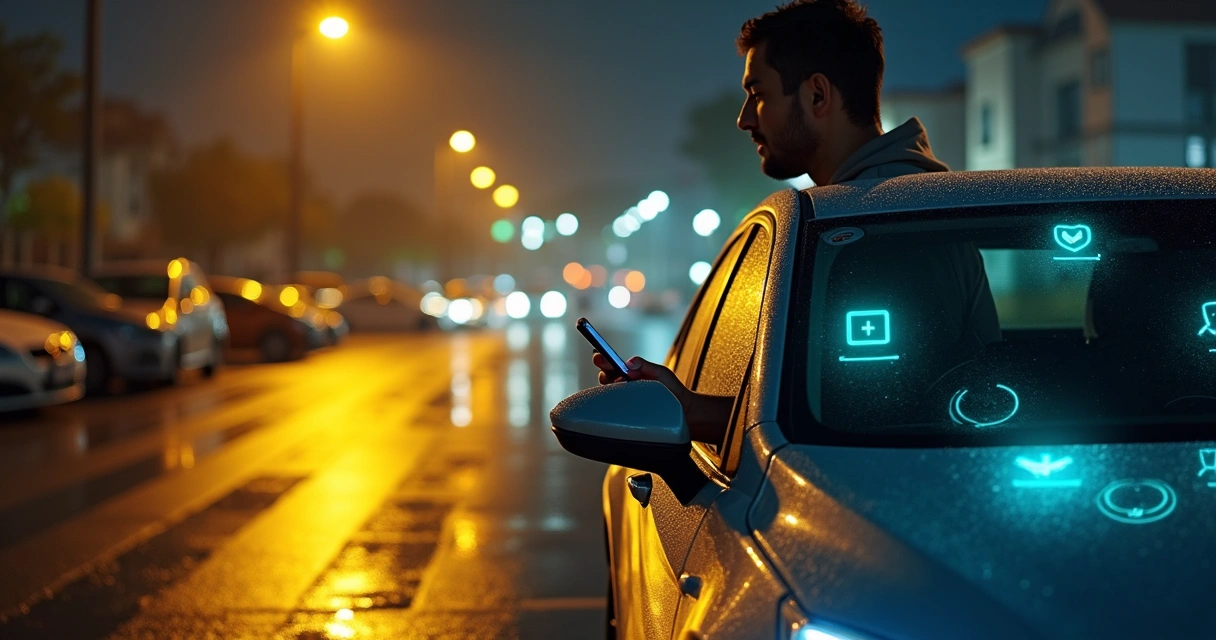 Motorista em estacionamento à noite comparando opções de seguro no celular encostado no carro 