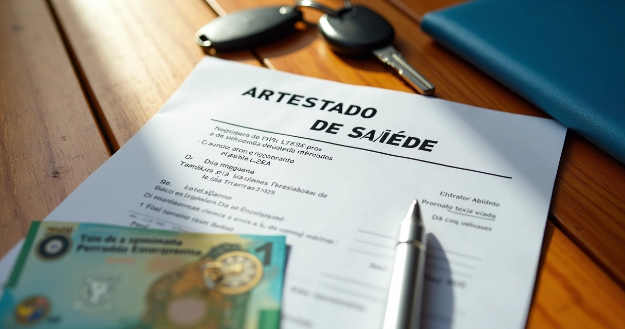 Documentos e atestado médico sobre mesa de madeira clara