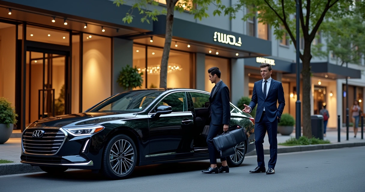 Motorista executivo abrindo porta do carro para cliente em frente a hotel moderno 