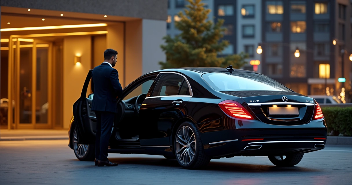 Motorista de terno elegante abrindo porta do sedã executivo para passageiro com roupa formal 