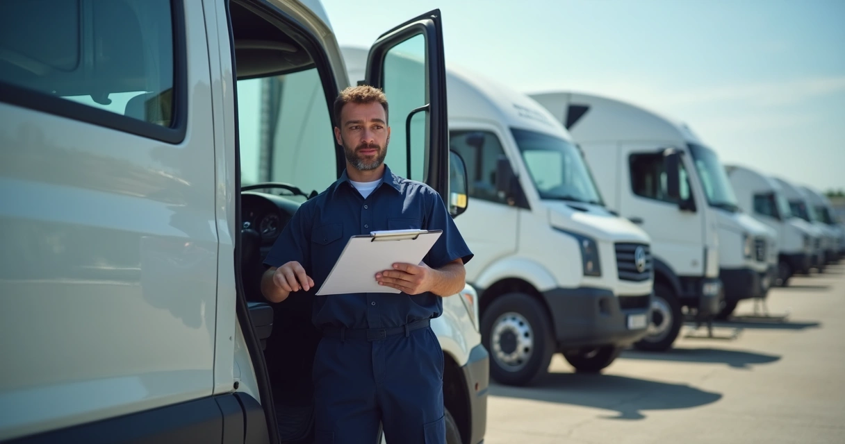 Motorista conferindo checklist de segurança em veículo empresarial. 