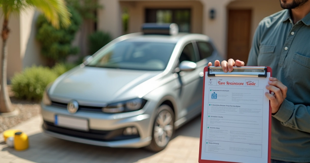 Motorista usando checklist de manutenção econômica ao lado do carro estacionado 