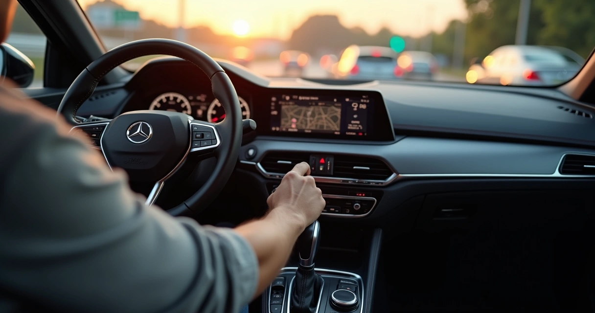 Motorista com mão na alavanca de câmbio sentindo tranco na troca de marcha 