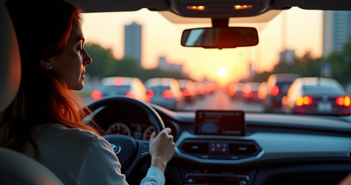 Motorista respirando fundo em silêncio dentro do carro em trânsito intenso ao entardecer 