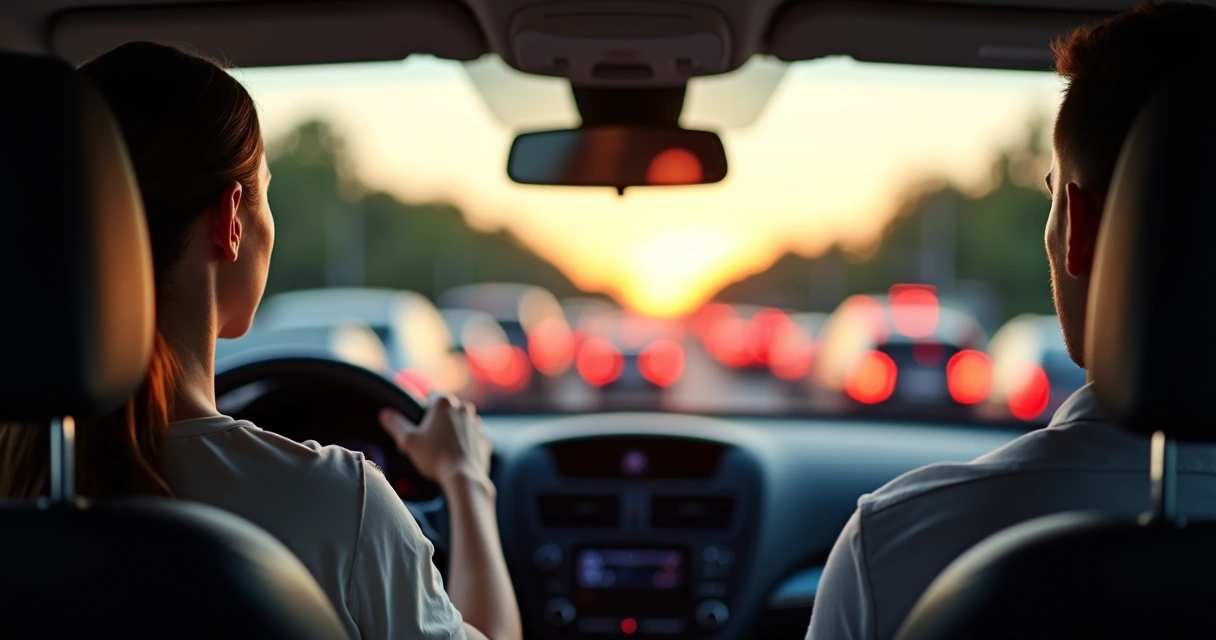 Pessoa praticando mindfulness ao volante em trânsito intenso ao entardecer 