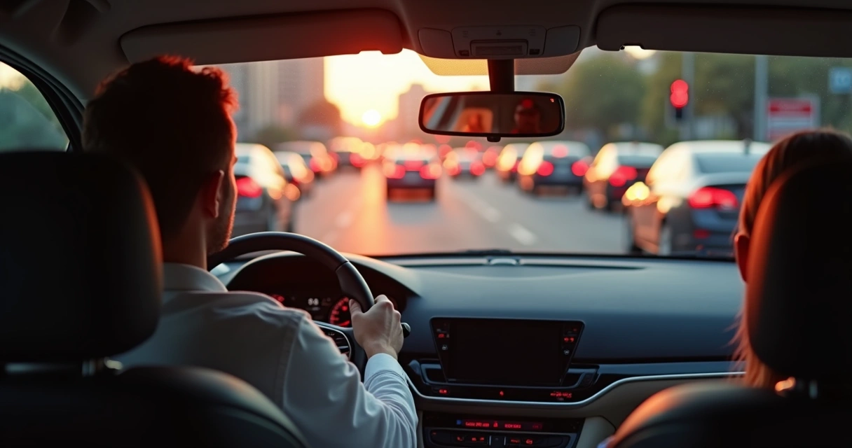 Motorista praticando mindfulness em meio ao trânsito intenso ao entardecer 