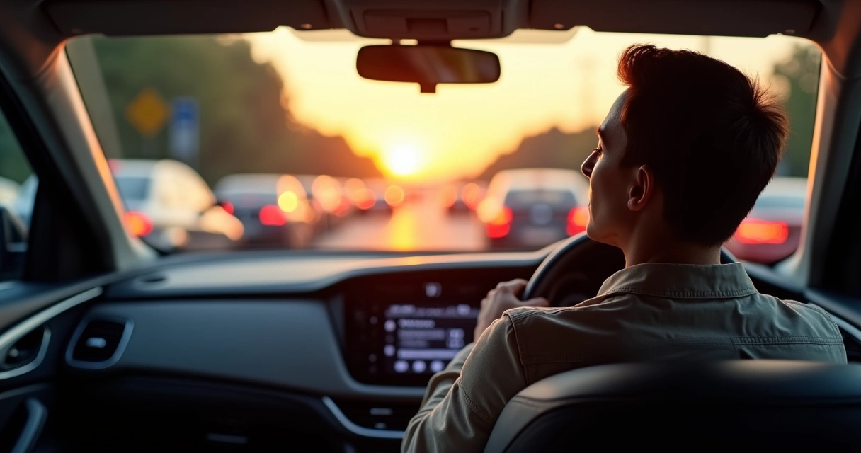 Motorista respirando fundo e meditando dentro do carro em meio ao trânsito intenso 