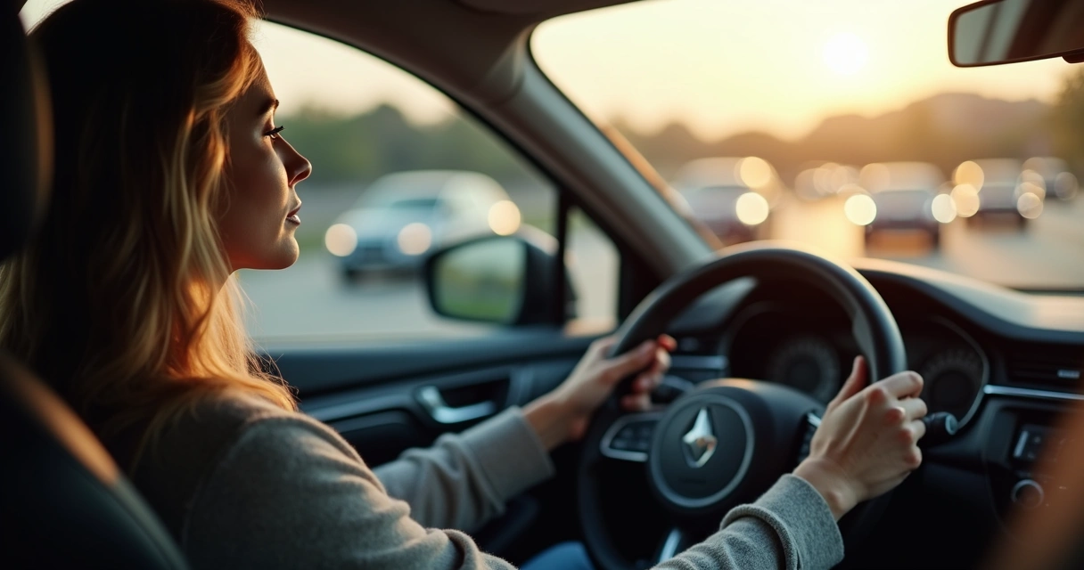 Motorista sentado no carro com as mãos no volante e olhos fechados, praticando respiração consciente. 