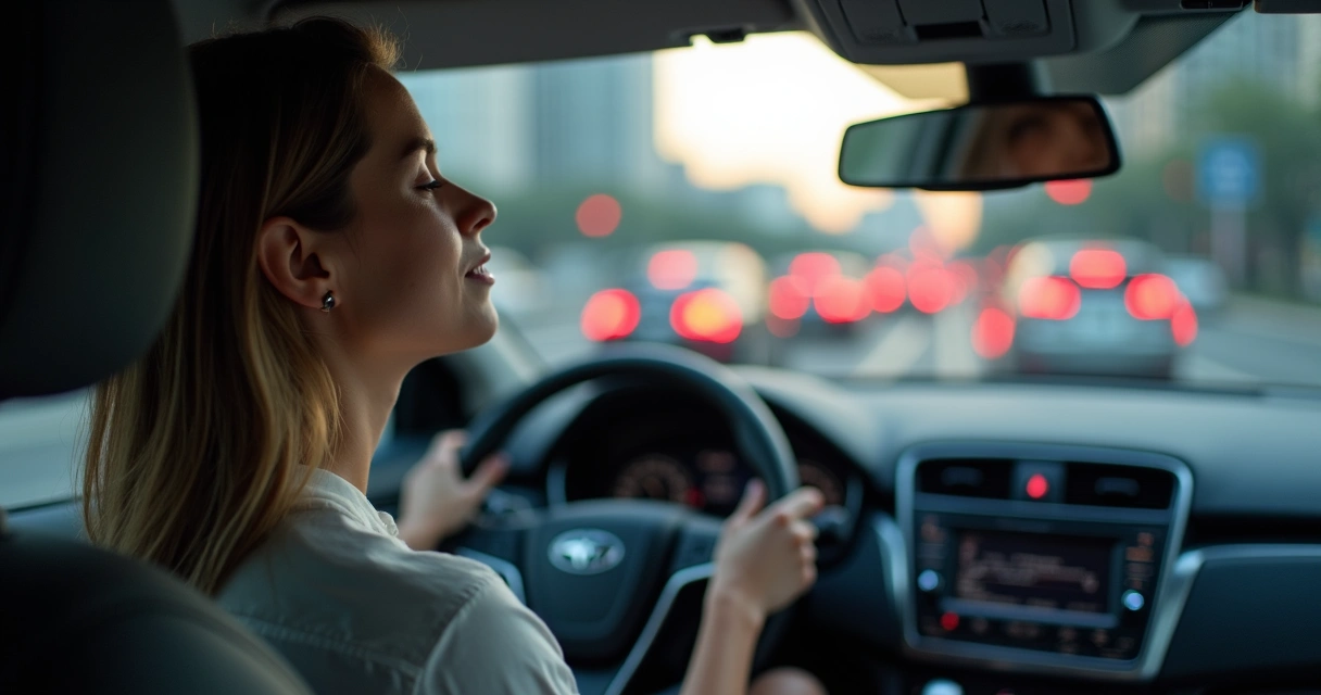 Motorista em carro parado no trânsito praticando mindfulness com expressão serena 