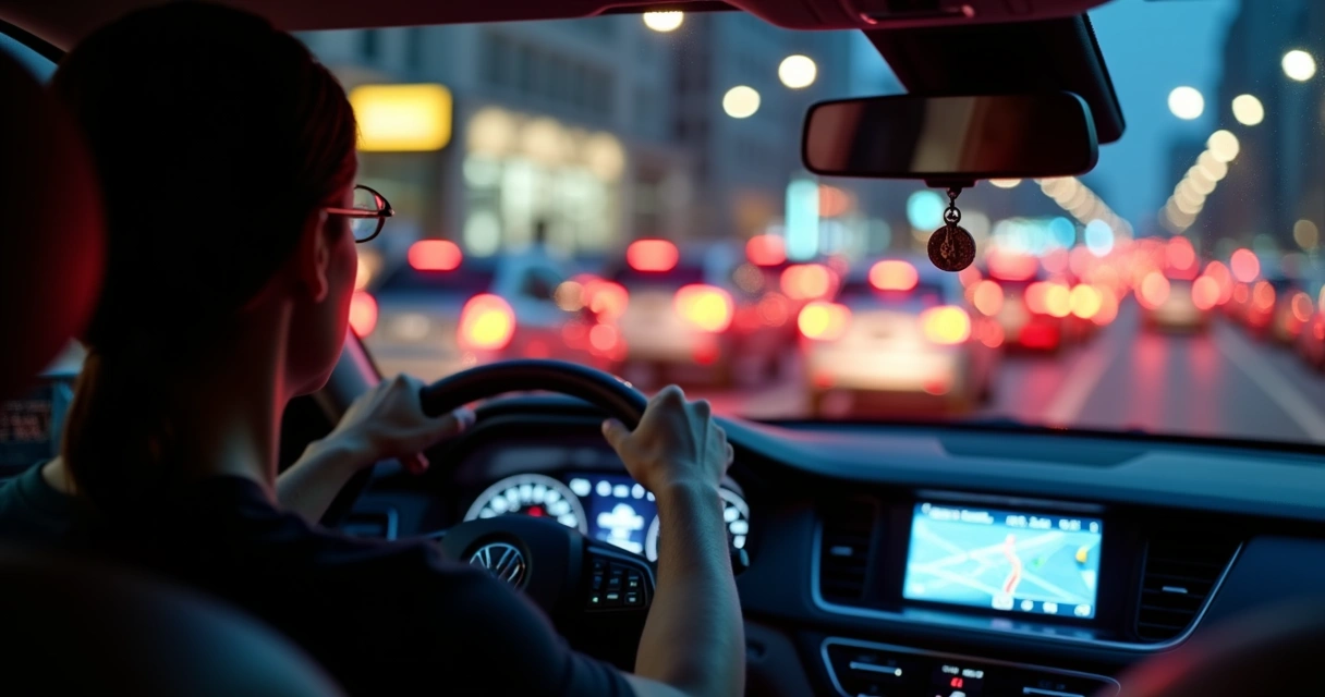 Motorista sentado em carro parado no trânsito praticando mindfulness à noite 